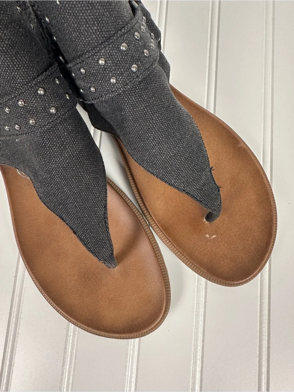 Very G Black Studded Canvas Thong Sandals with Brown Footbed